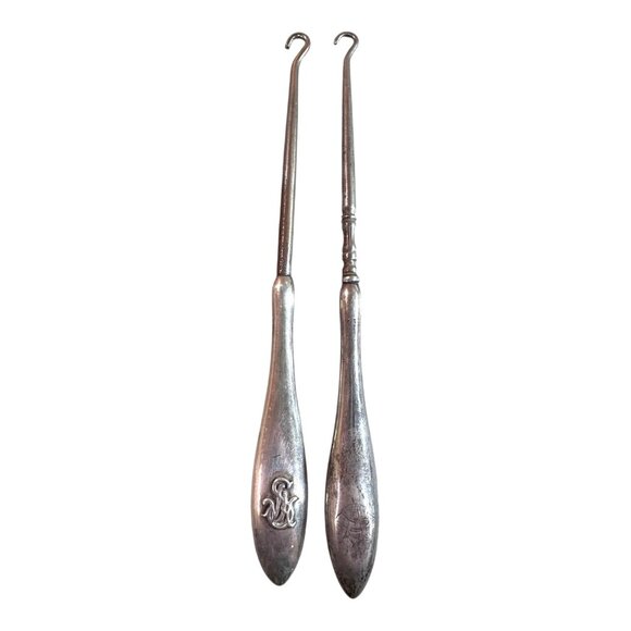 Antique Victorian Sterling Silver Button Hook Pair Monogrammed Lot Vintage - Picture 1 of 6